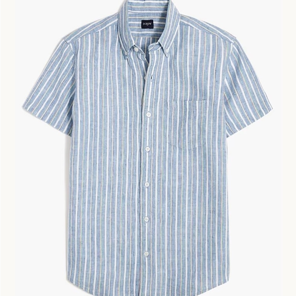 J. Crew Men’s Light Blue and White Striped Linen Blend Shirt